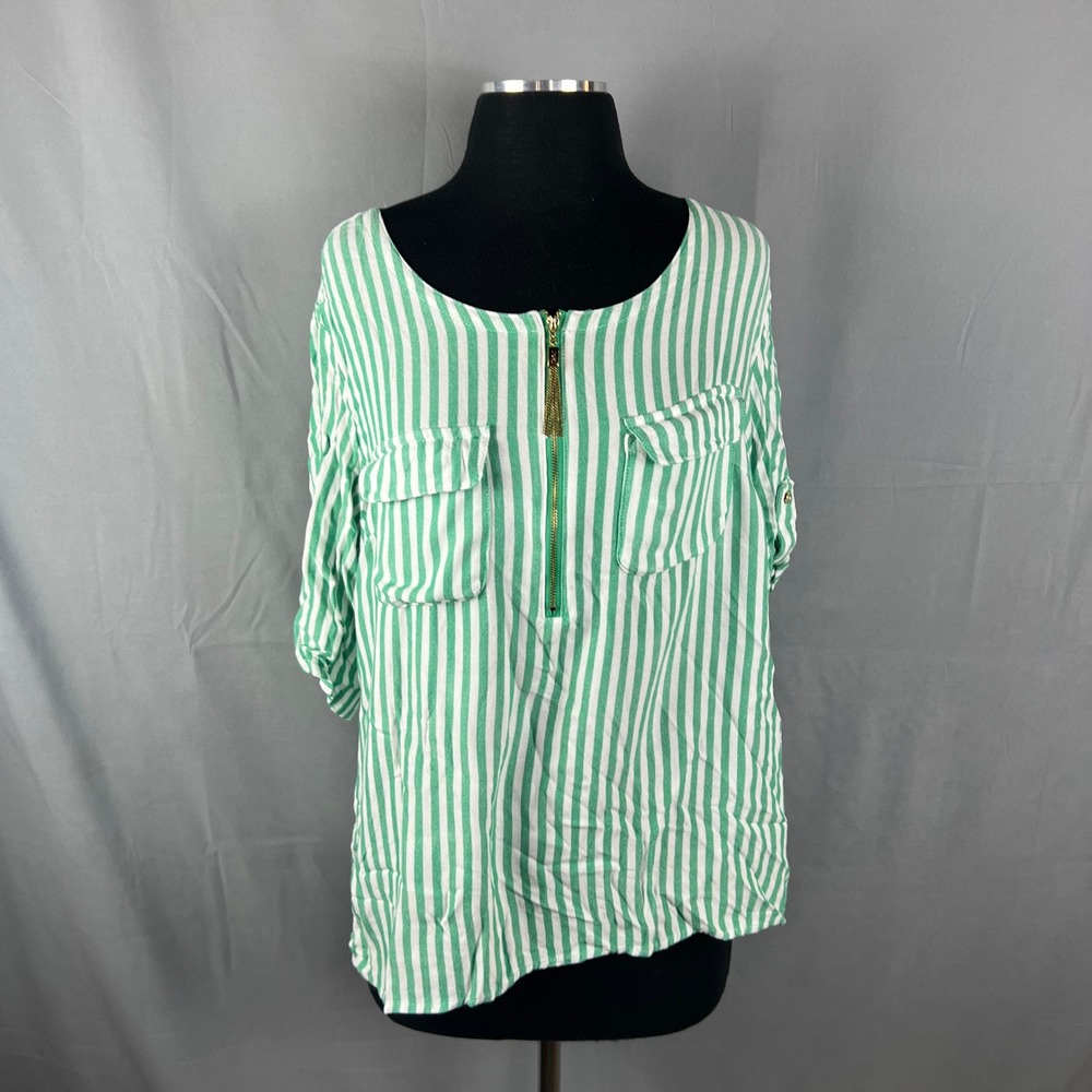 Jones New York Signature Blouse Top Women XL Green White Stripe Zip Front Tassel